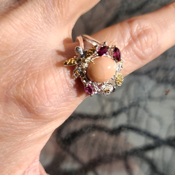 Gorgeous pink Opal & Pink Rhodolite Sapphires bumble bee sterling ring sz8.5 - Picture 9 of 10